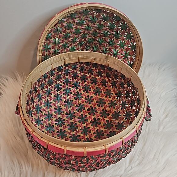 Woven Pink and Green Basket with Lid - Picture 3 of 6